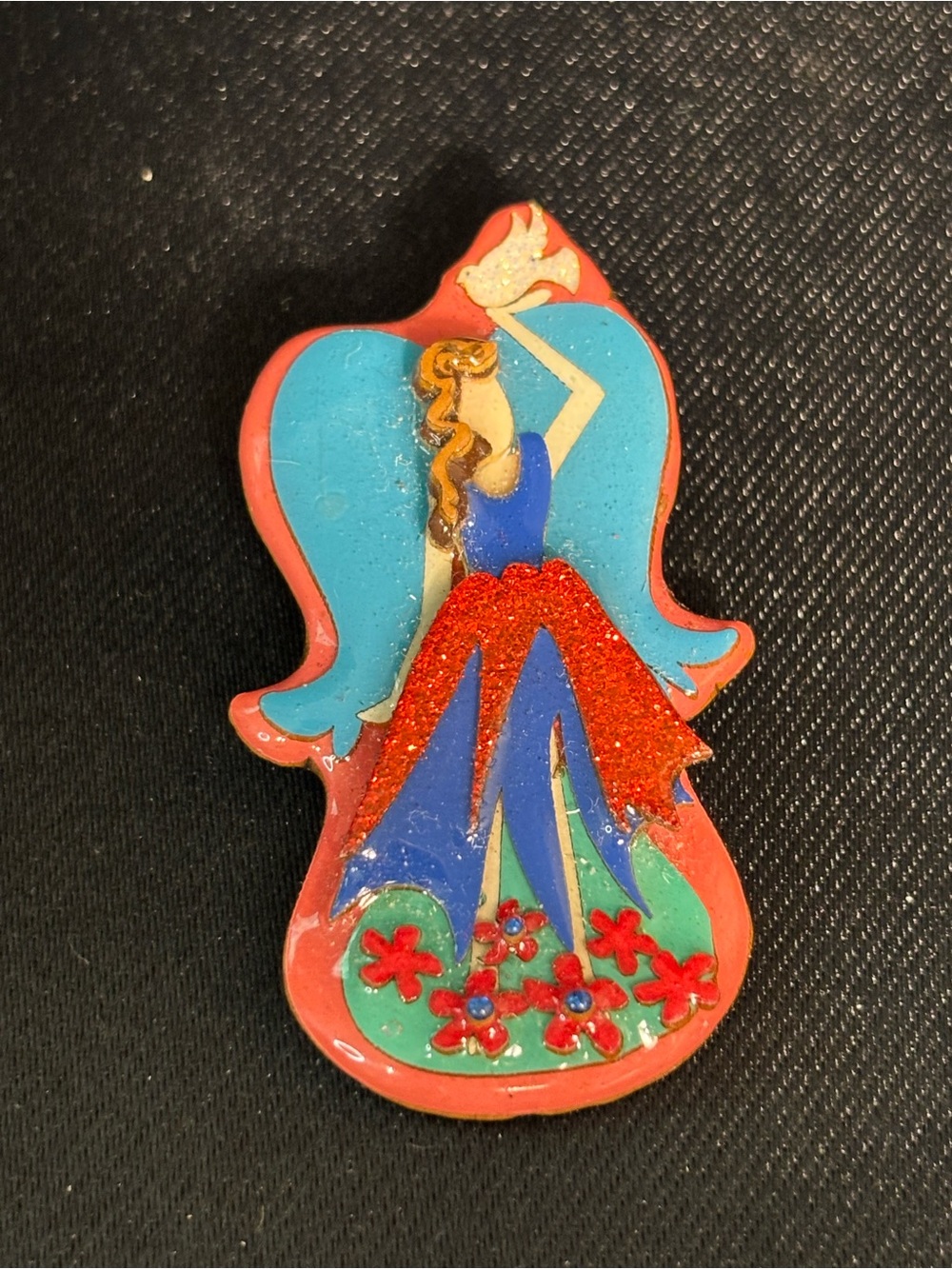 Vintage Angel shaped Pins Brooch By Lucinda - Rare Glitter Fairy Red W/Dove